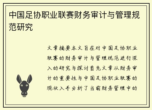 中国足协职业联赛财务审计与管理规范研究