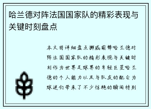 哈兰德对阵法国国家队的精彩表现与关键时刻盘点